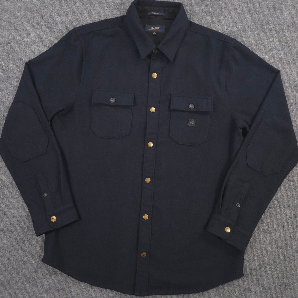 Roark Nordsman Flannel Shirt Mens Large Navy Wool Blend Elbow Patches Snap Front